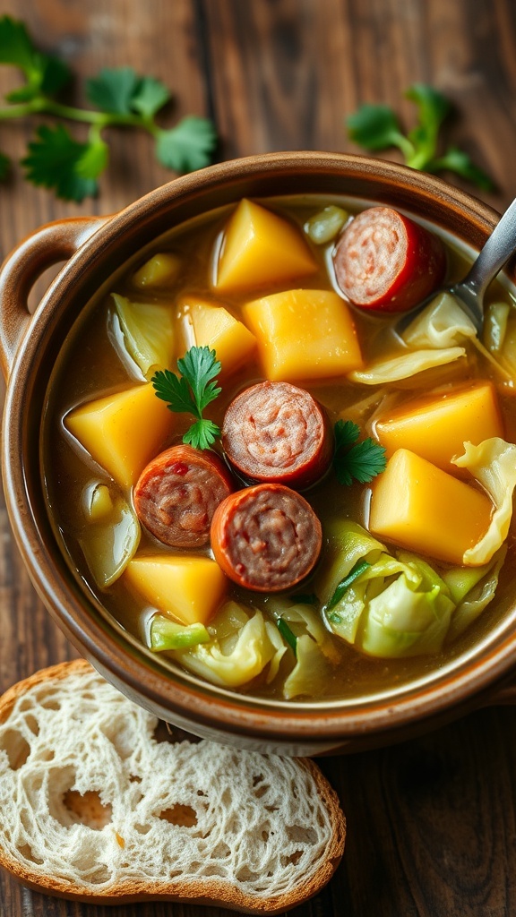 A bowl of cabbage and sausage soup with cabbage, potatoes, and sausage, garnished with parsley, on a wooden table with bread.